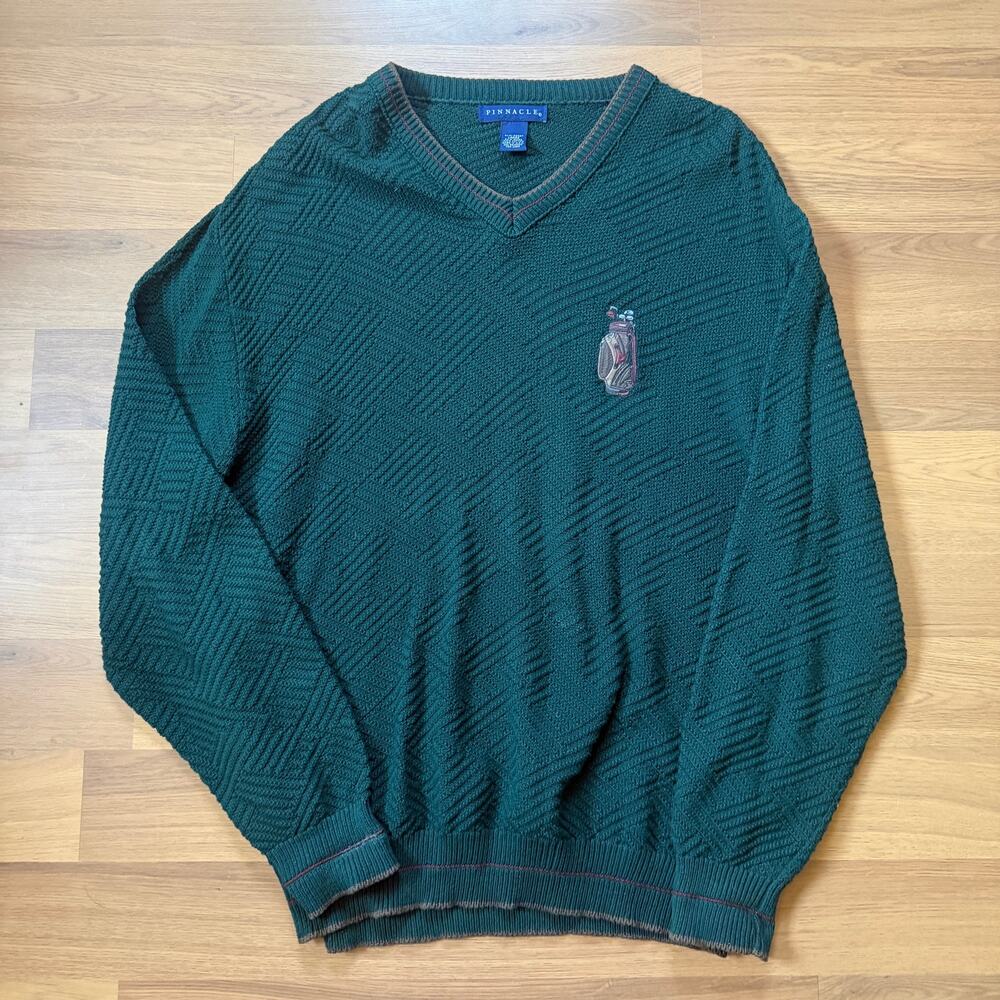 Men's Vintage 90's Pinnacle Green Knit V-Neck Pullover Golf Golfing Sweater Sz L